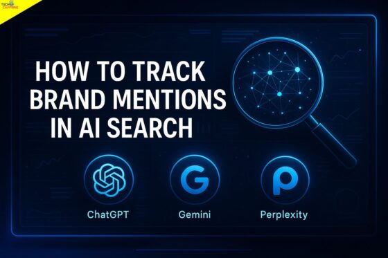 A dark blue digital banner with bold white text reading "How to Track Brand Mentions in AI Search," featuring a glowing magnifying glass with a neural network pattern and circular icons for ChatGPT, Gemini, and Perplexity — the three major AI search platforms for brand visibility monitoring.