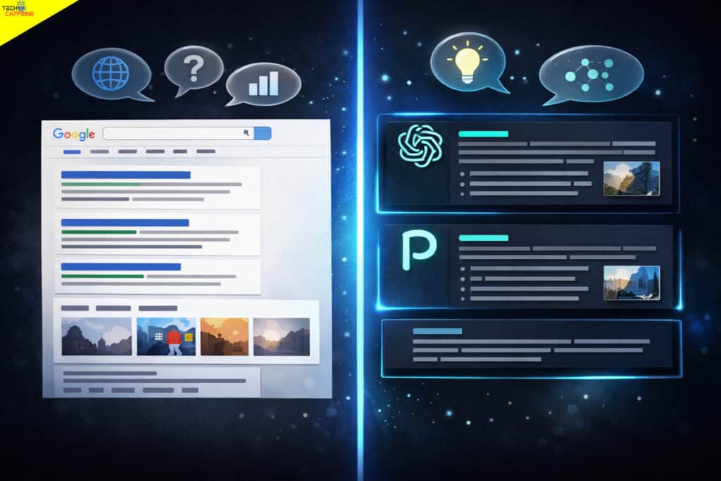 A split-screen illustration comparing traditional Google search results with blue link listings on the left against AI-powered search responses from ChatGPT and Perplexity with glowing teal interfaces on the right, visually explaining the difference between conventional SEO and AI search brand visibility tracking