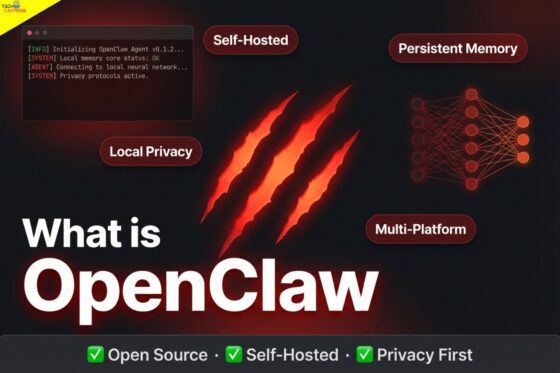 A dark charcoal editorial image featuring bold red glowing claw marks at the center, a terminal window showing OpenClaw AI agent initialization code, a red neural network diagram, and four floating badge labels reading Self-Hosted, Persistent Memory, Local Privacy, and Multi-Platform, with large white text reading "What is OpenClaw" and a bottom stats bar showing Open Source, Self-Hosted, and Privacy First with green checkmarks