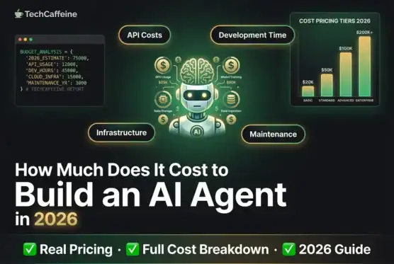 TechCaffeine infographic titled "How Much Does It Cost to Build an AI Agent in 2026" featuring a glowing AI robot surrounded by cost factors — API Costs, Development Time, Infrastructure, and Maintenance — with component costs including GPU Usage at 25K, Model Training at 50K, Data Storage, and Data Ingestion. A bar chart shows 2026 Cost Pricing Tiers: Basic at 20K, Standard at 50K, Advanced at 100K, and Enterprise at 200K+. A code snippet displays a budget analysis with a 2026 estimate of $75,000.