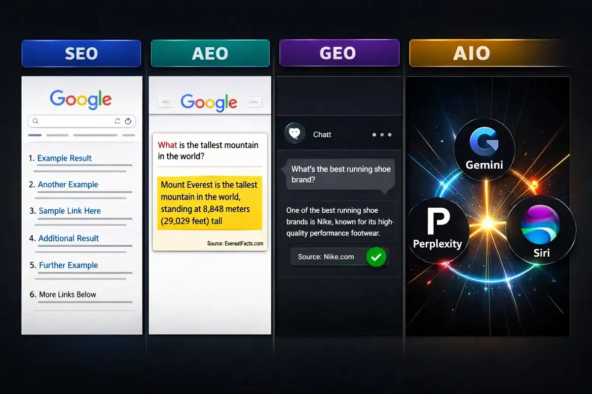 seo-vs-aeo-vs-geo-vs-aio-search-comparison.jpg comparison of SEO, AEO, GEO and AIO showing Google search, featured snippet, AI chat and AI assistants