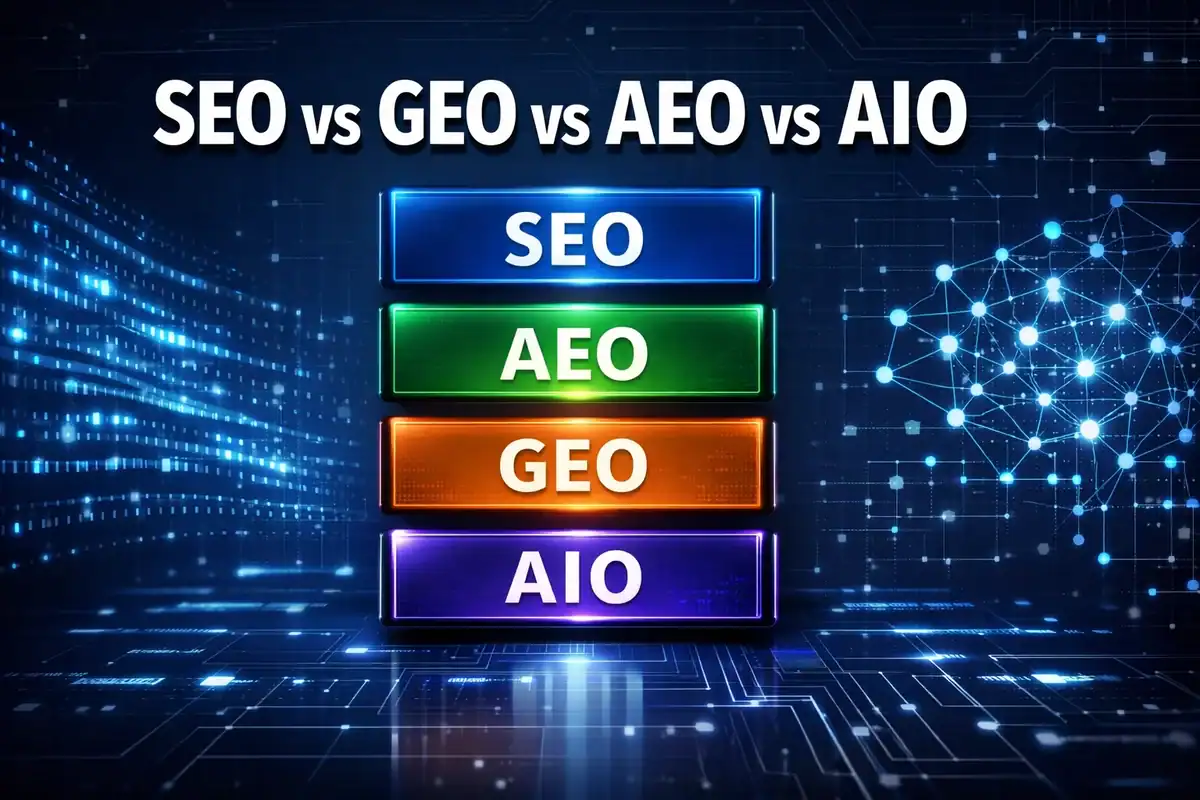 SEO vs AEO vs GEO vs AIO - visual comparison of SEO, AEO, GEO and AIO in digital marketing