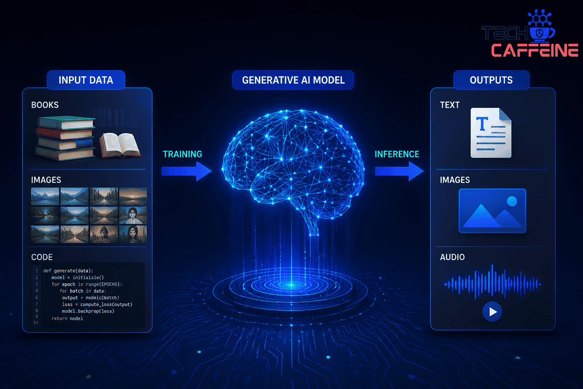 AI generative model illustrating how AI creates text, images, and audio outputs from input data.