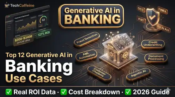 AI in banking illustration with digital bank icon and data analytics elements.
