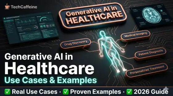Generative AI in Healthcare use cases and examples infographic showing medical AI dashboard, DNA-based personalized treatment, patient diagnosis, medical imaging, and drug discovery concepts with futuristic healthcare visuals