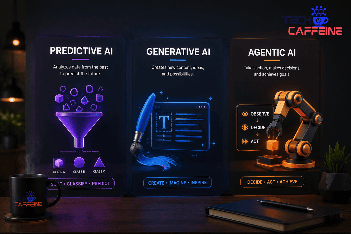 Illustration of predictive, generative, and agentic AI concepts with icons and descriptions.