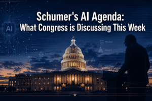 Congress discussing AI policy, ethics, and security issues at sunset with Capitol building.
