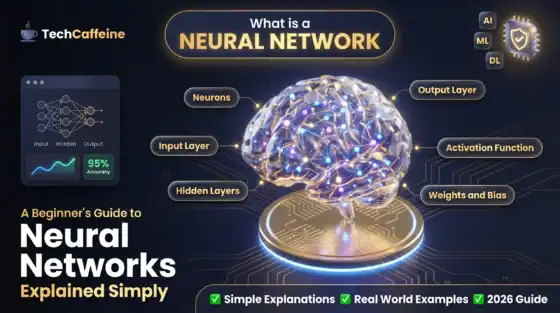 What is a neural network, illustration showing input layer, hidden layers, output layer, neurons, weights and bias