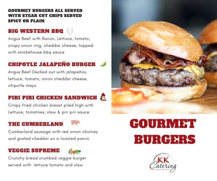 Angus beef gourmet burger with bacon, cheddar, and smokehouse BBQ sauce at KK Catering.