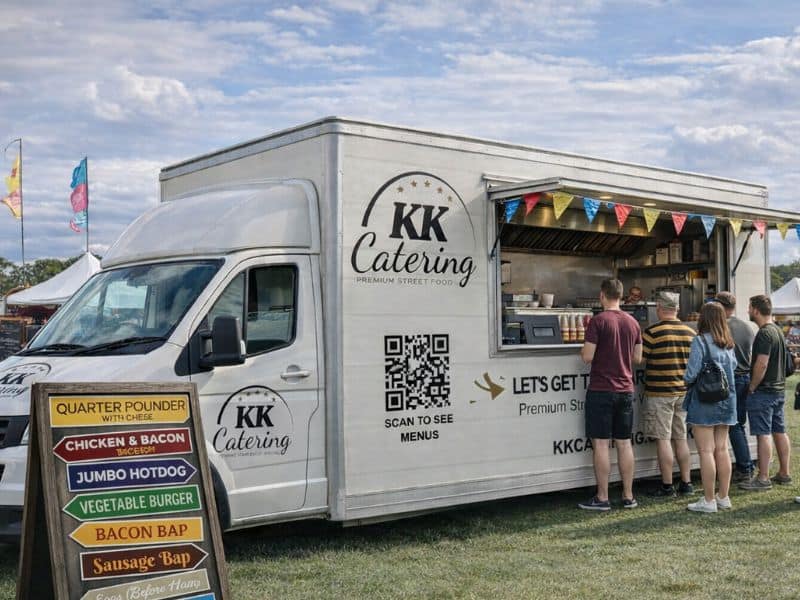 Freshly prepared street food from KK Catering food truck at outdoor event in the UK.