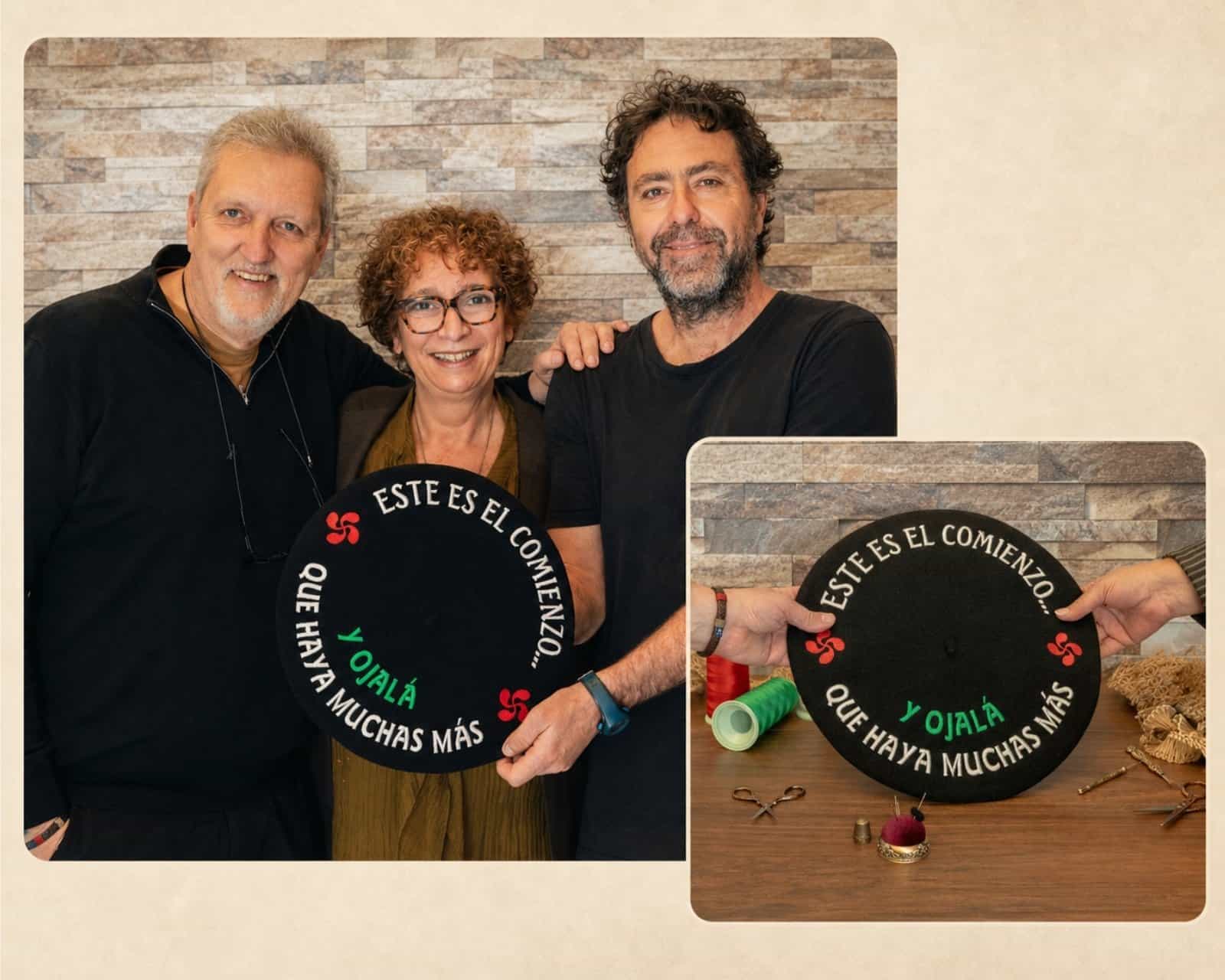 Valeria, Luis y Rafa con la primera txapela bordada de Teletxapela, origen del taller especializado en txapelas personalizadas