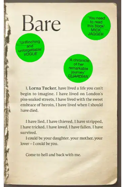 Book cover titled 'Bare' with green quotes from Vogue, Guardian, and Mick Jagger.