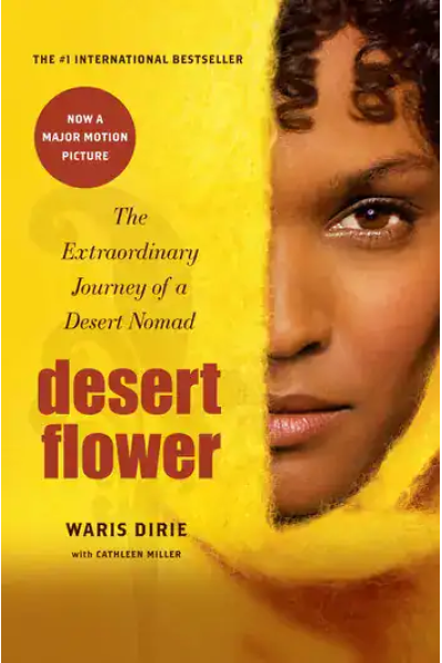 Book cover of Desert Flower showing a woman's face and yellow background.