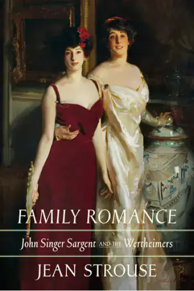 Vintage painting of two women in elegant dresses, one in red and one in white, in a classic setting.
