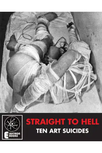 Black and white photo of a person in a straitjacket on the floor.
