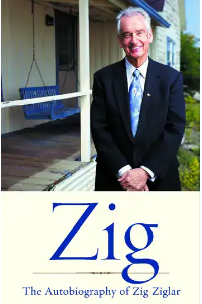 Portrait of Zig Ziglar in a suit smiling outdoors on a porch.