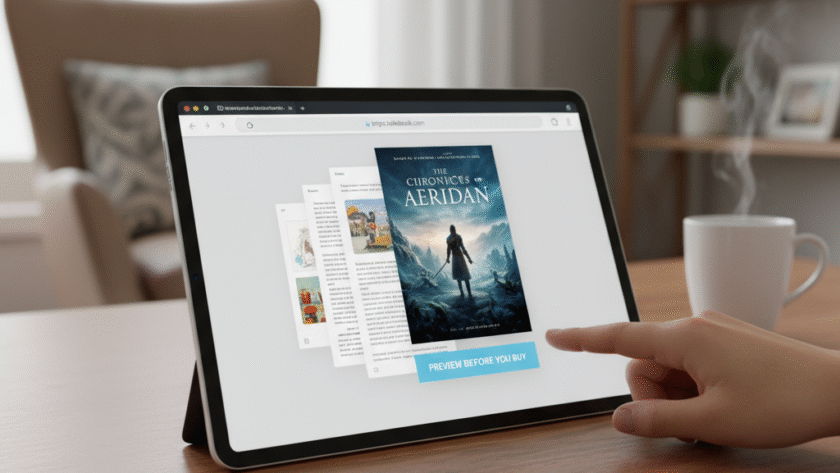 Person browsing eBooks on tablet at home.