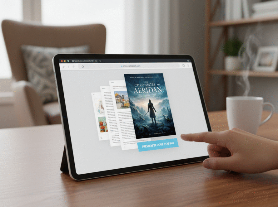 Person browsing eBooks on tablet at home.