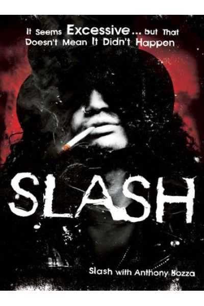 Book cover for Slash by Slash with Anthony Bozza, featuring a black and white image of Slash smoking.
