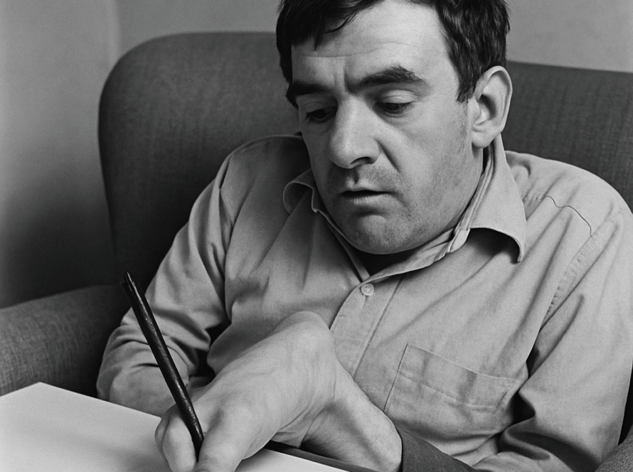 Black and white photo of Christy Brown writing with his foot.
