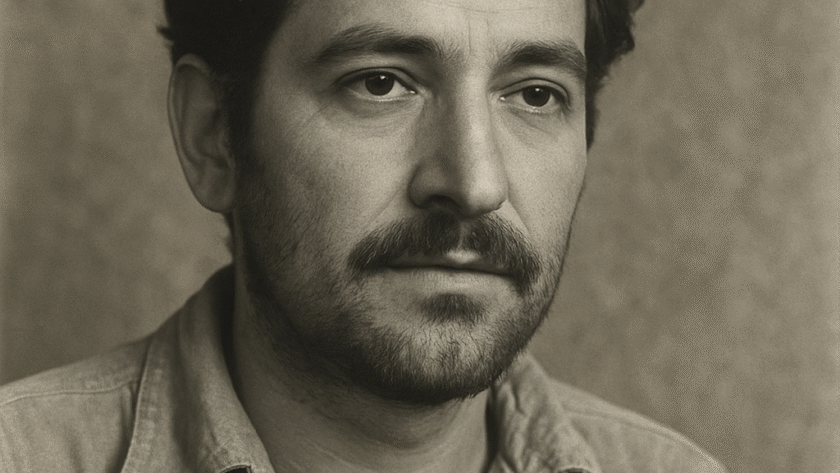 Black and white portrait of a man with dark hair and a beard, wearing a denim shirt.