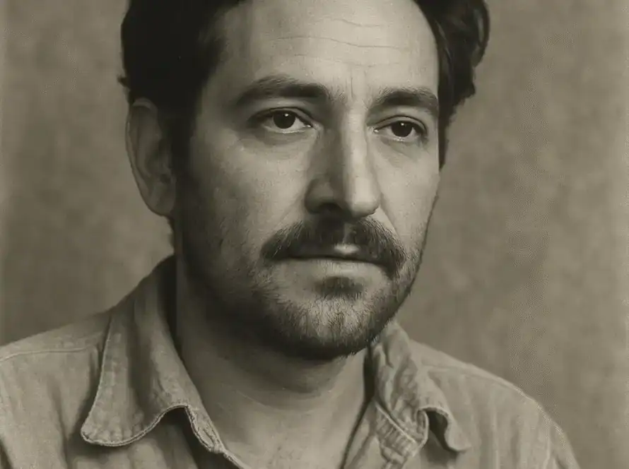 Black and white portrait of a man with dark hair and a beard, wearing a denim shirt.