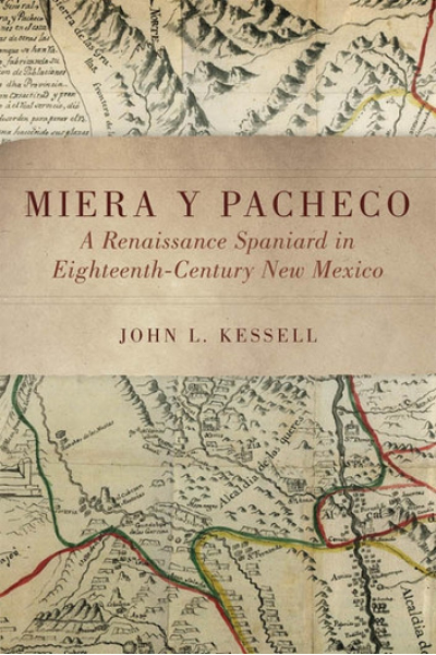 Historical map background with book title and author for Miera y Pacheco.
