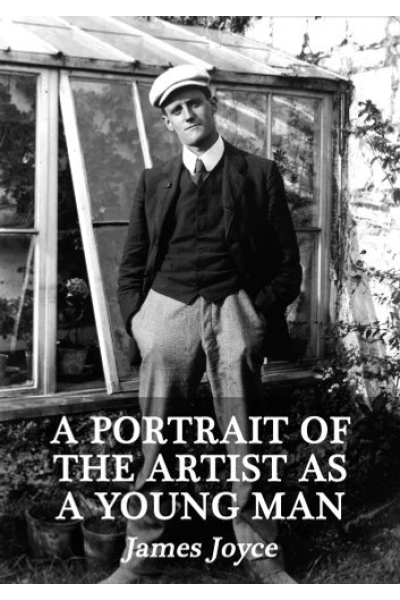 Black and white photo of James Joyce in a garden, wearing a cap and suit.