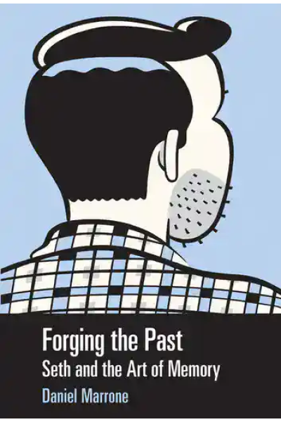 Illustration of a man with headphones and checkered shirt, facing away.