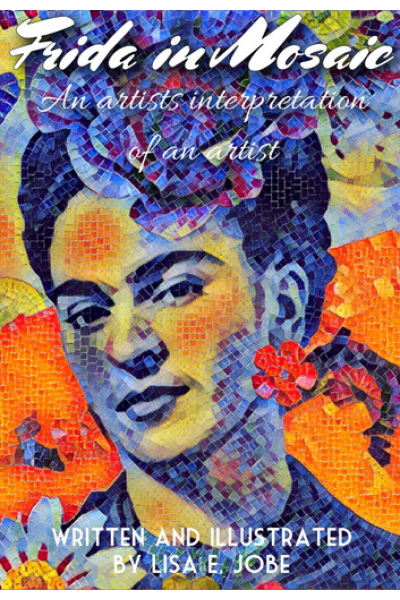 Mosaic portrait of Frida Kahlo with vibrant colors and floral details.