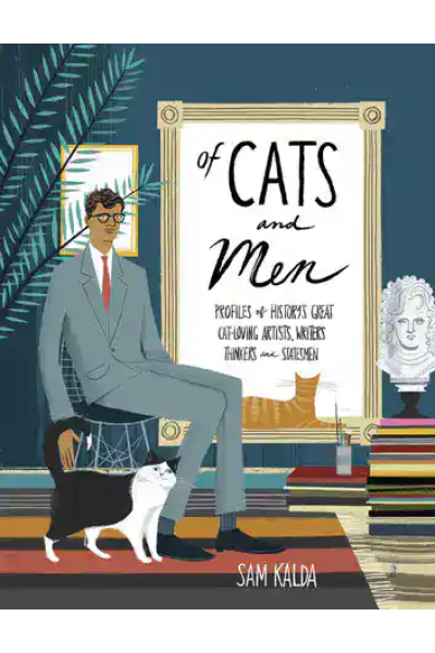 Book cover of Of Cats and Men by Sam Kalda with a man, cat, and art elements.