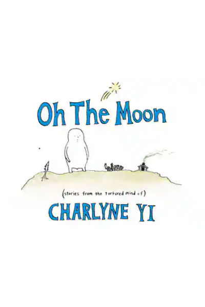 Illustration of a moonlit landscape with a character and a train, from Charlyne Yi's stories.