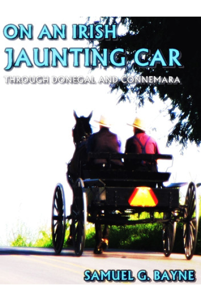 Two people in a horse-drawn carriage in Irish countryside with trees and sky.