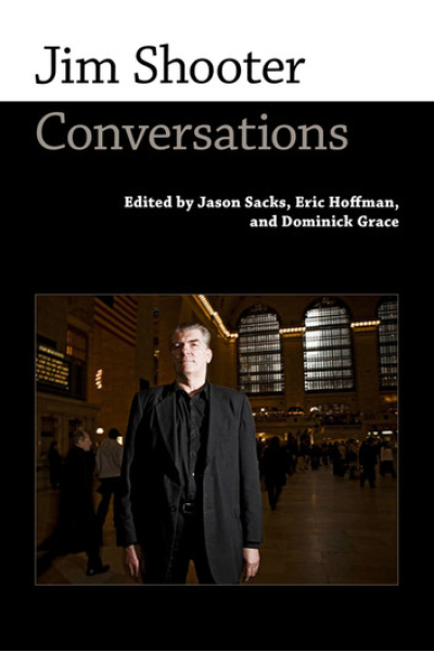 Book cover for Jim Shooter Conversations with a photo of Jim Shooter.