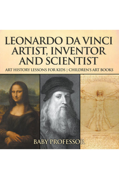 Portraits of Leonardo da Vinci, including Mona Lisa and Vitruvian Man.