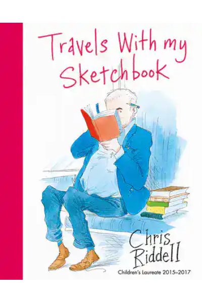 Illustration of a boy reading a sketchbook with books beside him.