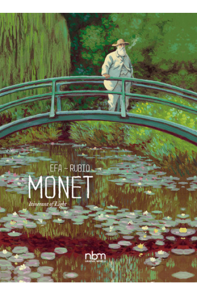 Book cover of Monet Itinerant of Light by Salva Rubio with a painting of a woman on a bridge over a水.