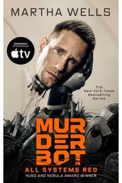 Cover of Murderbot by Martha Wells, featuring a humanoid robot and a human face.