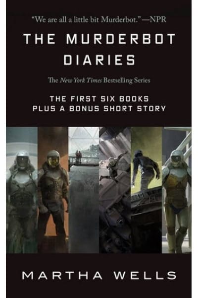 Book cover of The Murderbot Diaries by Martha Wells, sci-fi series.