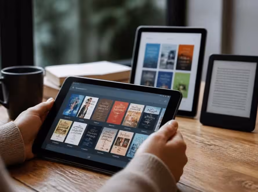 Person browsing eBooks and audiobooks on tablets at a wooden table.