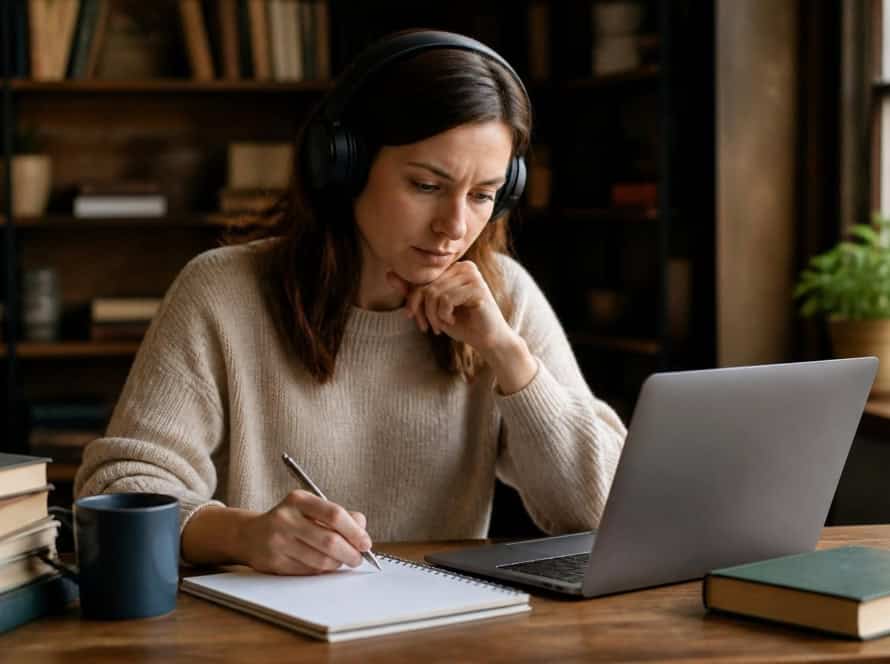 Woman studying eBooks and audiobooks on laptop in cozy home office.