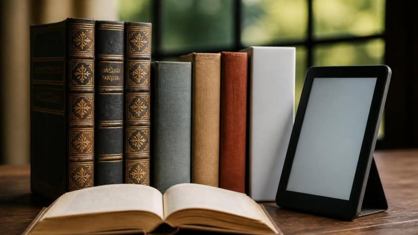 Books and eReader on a wooden table with a window view.