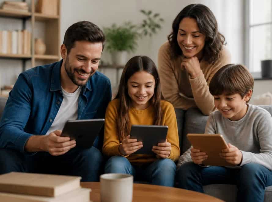 Family reading eBooks and listening to audiobooks together on tablets.