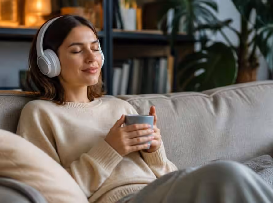 Young woman enjoying audiobooks with headphones on cozy sofa.