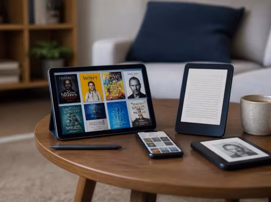 Table with eReaders, tablet, smartphone, and coffee mug for reading.