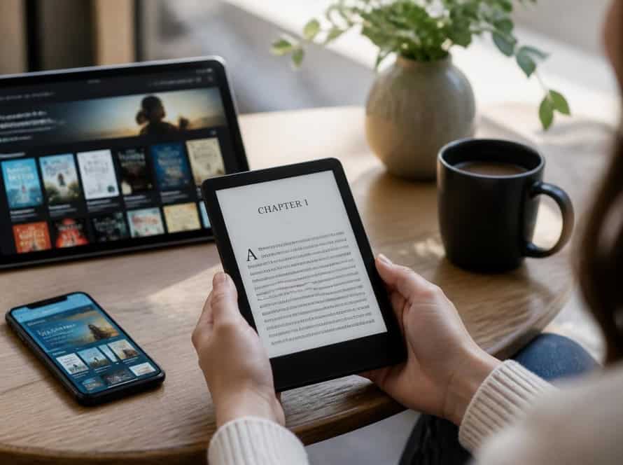 Person reading an eBook on a tablet with other devices nearby.