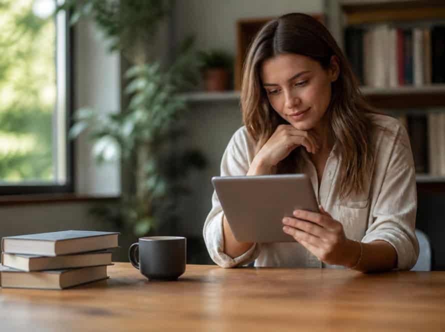Young woman reading an eBook on tablet in a cozy library setting.