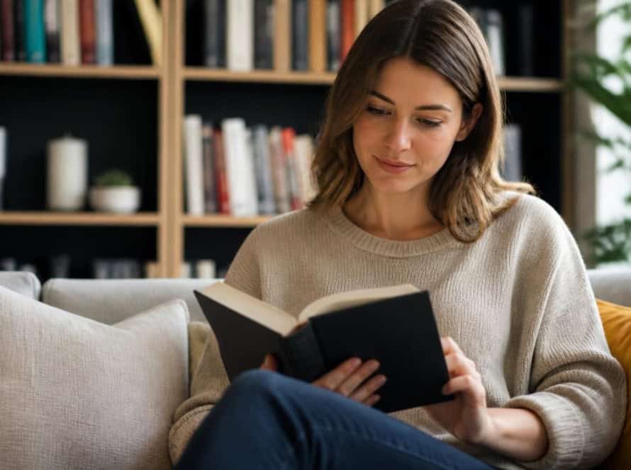Woman reading a book on a cozy sofa in a modern living room.