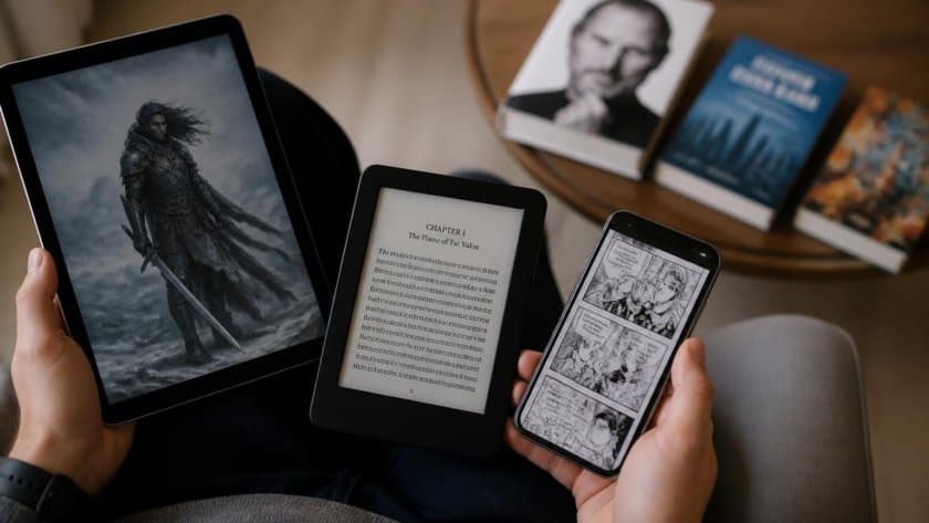 Person reading eBooks and comics on tablet and smartphone.