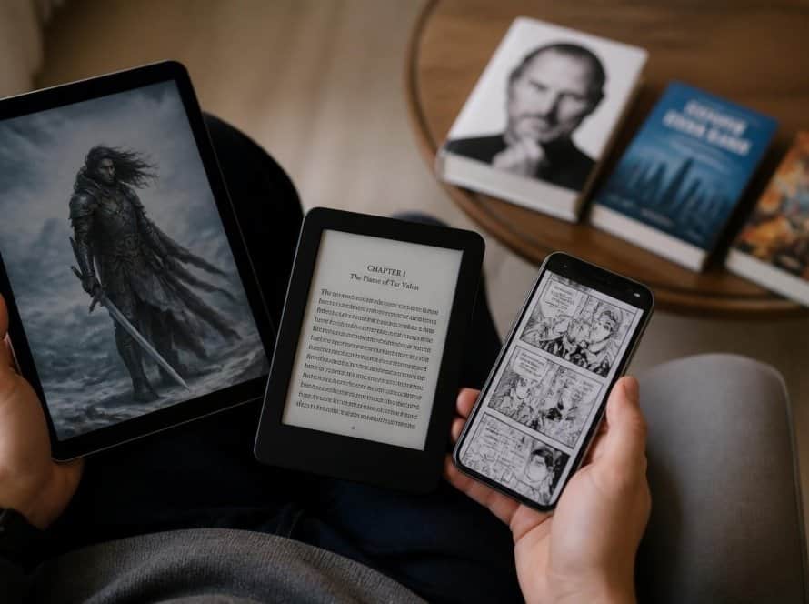 Person reading eBooks and comics on tablet and smartphone.